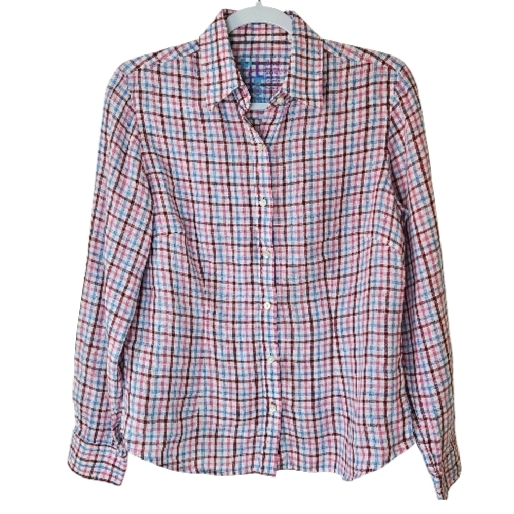 J. Mclaughlin 100% Linen Plaid Button Down Shirt Preppy Coastal Summer Size 6